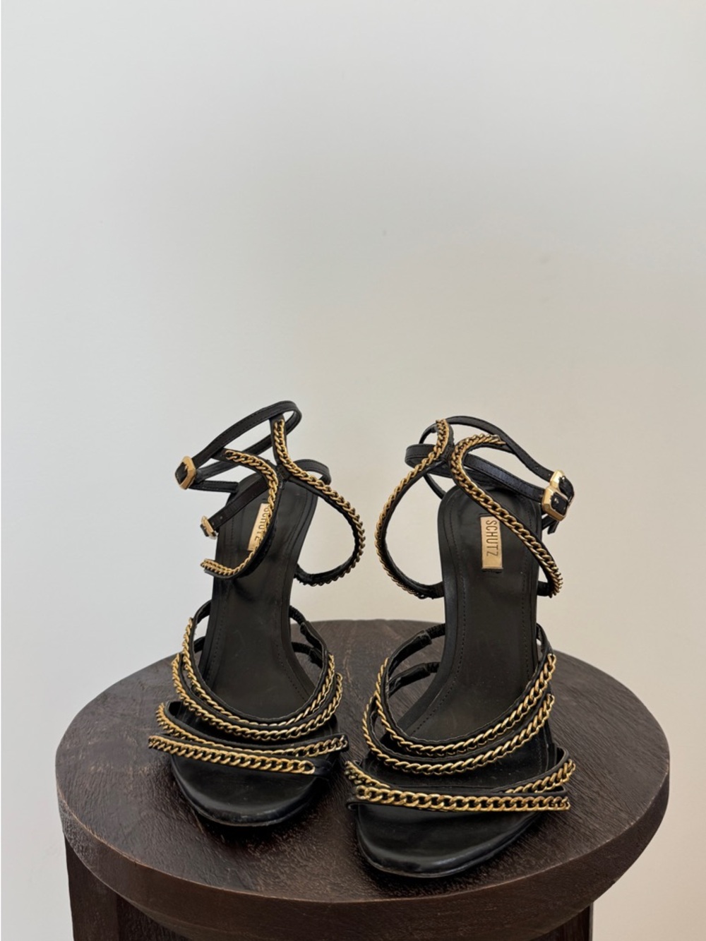 Schultz - Black Strappy Sandal Ankle Strap Gold Chains Open Toe - Size 7.5